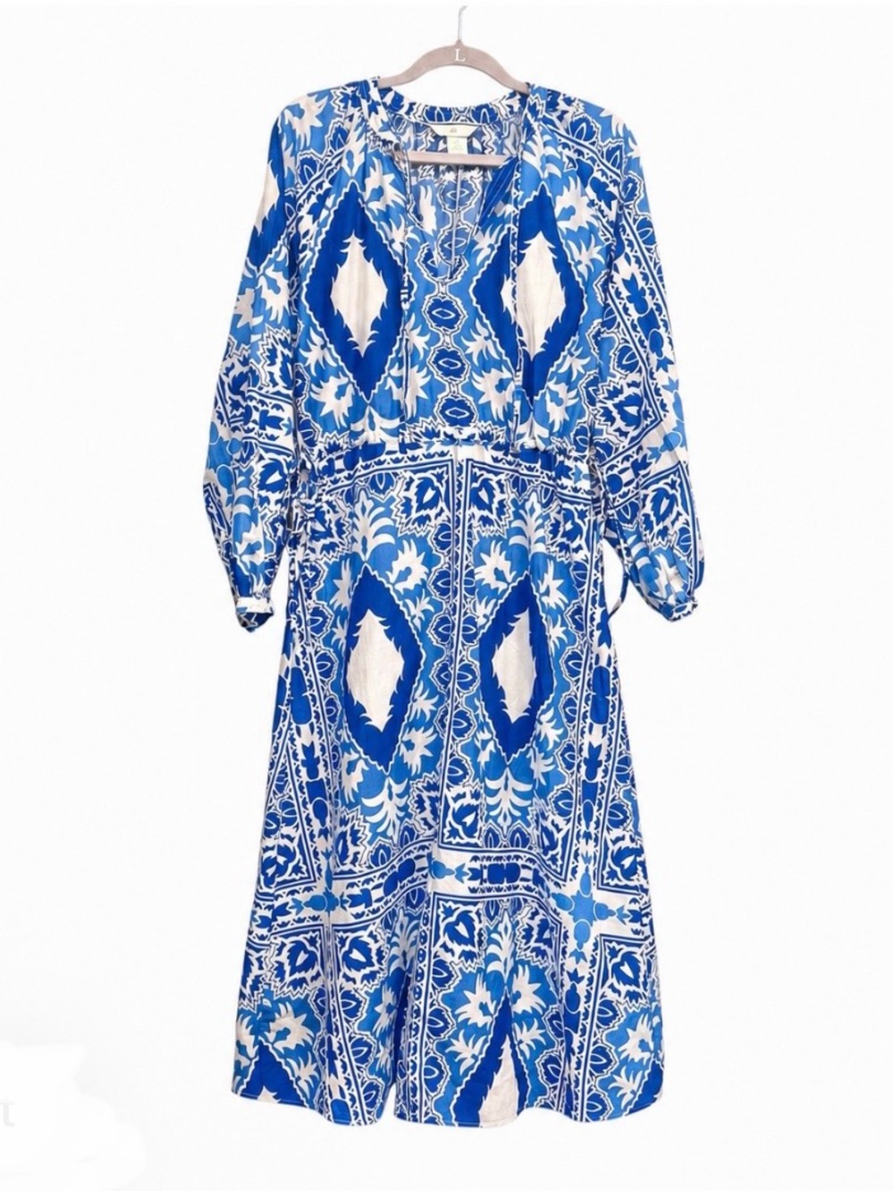 H&M 100% cotton blue & white European pattern long sleeve midi dress, size smal
